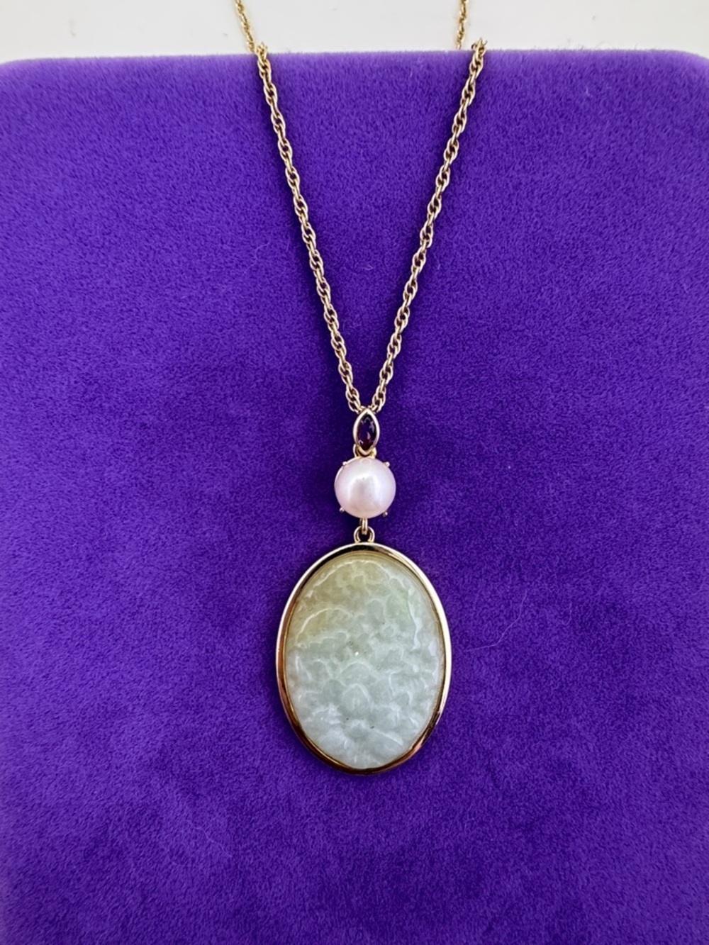 💛 23k Gold Vermeil 925 Green Jade Stone Pendant Necklace with Pearl & Amethyst